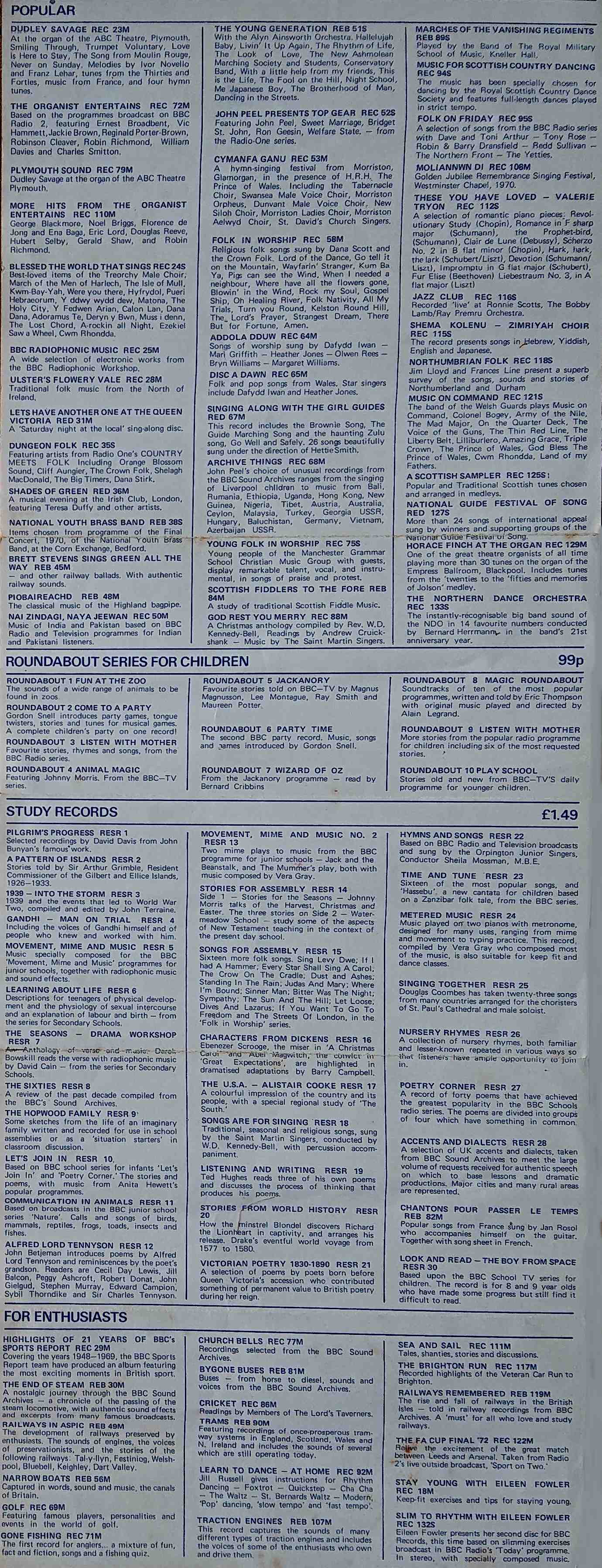 Other pages of catalogue BBC Records catalogue 1972